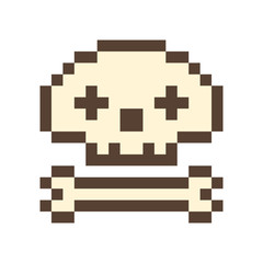 Skull and bone, 16x16 pixel art icon isolated on white background. Retro 80s-90s old school 8 bit slot machine/video game graphics. Pirate emblem. Skeleton sign. Archeology logo. Halloween character.