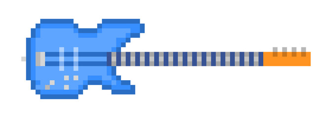 Blue wooden four string bass guitar, pixel art icon isolated on white background. Music store logo. Rock show emblem. Old school 8 bit slot machine pictogram. Retro 80s; 90s video game graphics. - obrazy, fototapety, plakaty