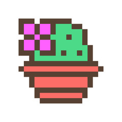 Green cactus/succulent in clay flower pot, 16x16 pixel art icon isolated on white background. Retro 80s-90s old school 8 bit slot machine/video game graphics. Houseplant logo. Office plant.