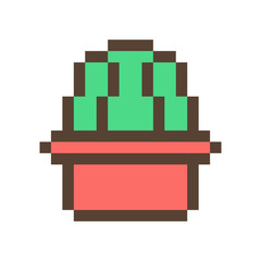 Green cactus/succulent in clay flower pot, 16x16 pixel art icon isolated on white background. Retro 80s-90s old school 8 bit slot machine/video game graphics. Houseplant logo. Office plant.