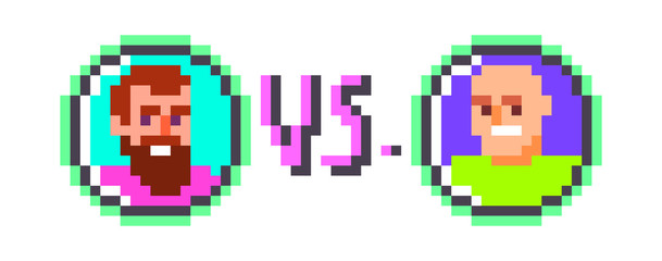 Pixel art beatbox/rap/hip-hop battle poster design. Player choosing in vintage 8 bit fighting video game. Two male characters against each other. Street/underground/urban music culutre banner.