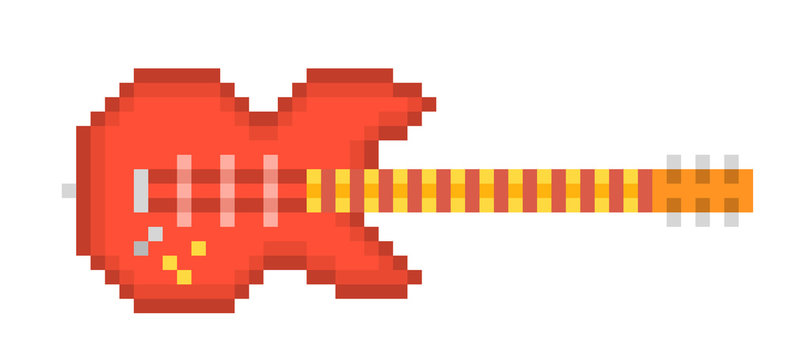 Red wooden six string electirc guitar, pixel art icon isolated on white background. Music store logo. Rock show emblem. Old school 8 bit slot machine pictogram. Retro 80s; 90s video game graphics.