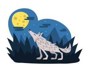 Fototapeta premium Wolf howling at the moon in the woods at night, flat style vector illustration. Midnight werewolf shapeshifting in the forest. Cute cartoon animal character. Halloween scene.