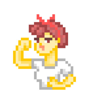 We can do it, motivating feminist poster. Girl doing bicep curl, pixel art character isolated on white background.