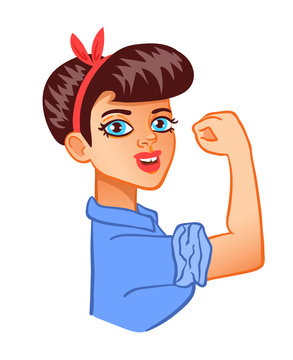 We can do it, motivating feminist poster. Girl doing bicep curl, cartoon character isolated on white background.