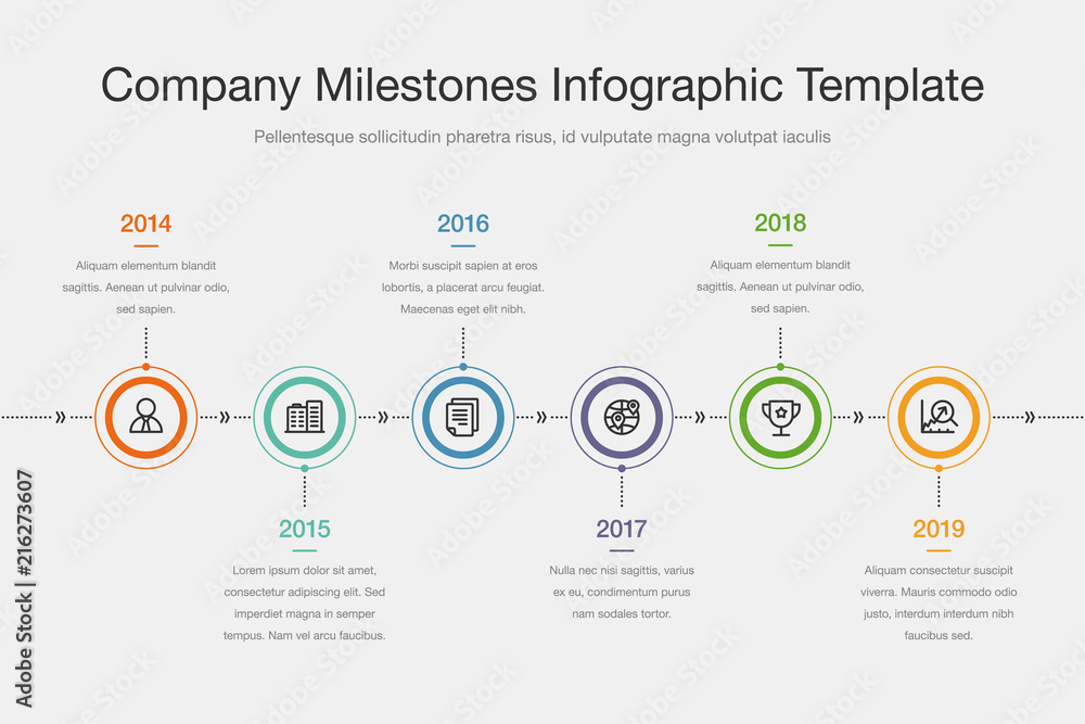 Poster Vector infographic for company milestones timeline template with colorful circles and icons, isolated on light background. Easy to use for your website or presentation.