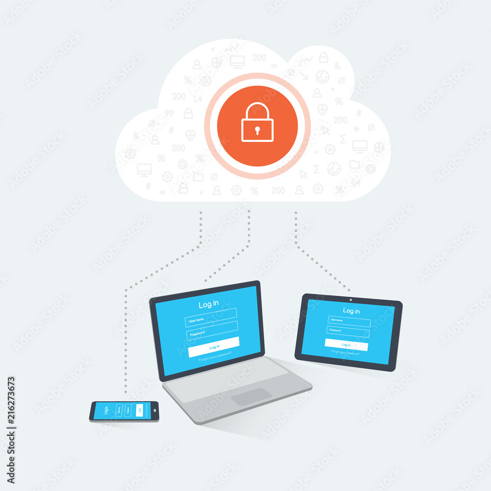 Poster devices login to a remote secure cloud server. flat illustration of electronic devices with login sc