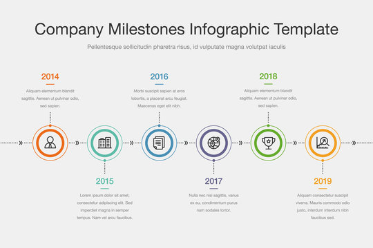 Vector infographic for company milestones timeline template with colorful circles and icons, isolated on light background. Easy to use for your website or presentation.