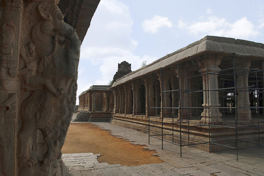 View of maha-mandpa, Pattabhirama Temple from Kalyana Mandapa, Divine Marriage Hall. Hampi, Karnataka.
