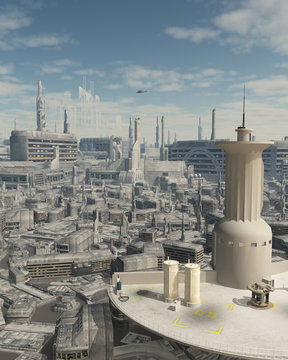 Control Tower at a Future City Spaceport - science fiction illustration
