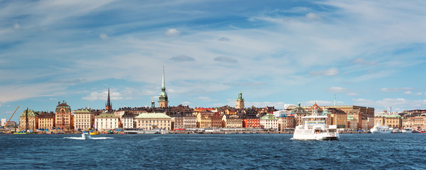 View to Stockholm, Sweden with a ferry from sea in summer. Gamla Stan on sunny day