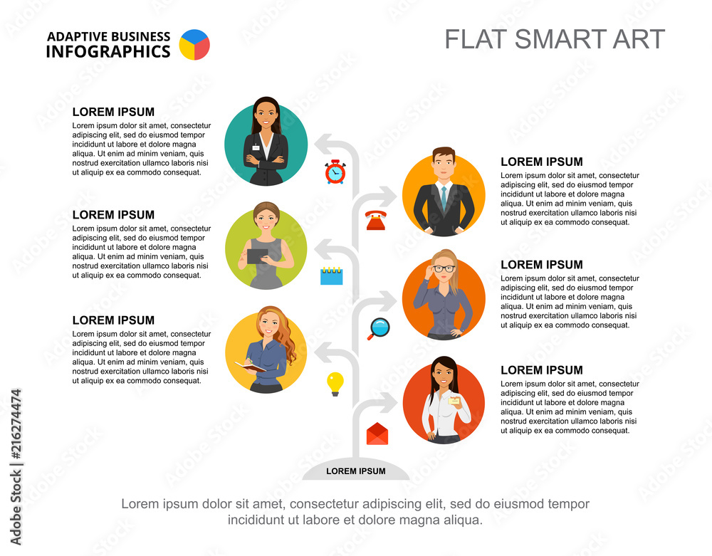 Poster six tree elements process chart template for presentation. business data visualization. team, insura