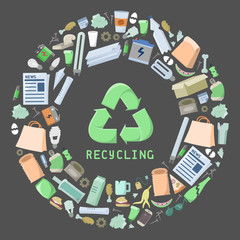 Recycling diagram with trash and lettering. Flat style vector illustration