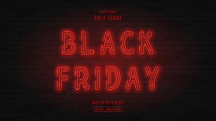 Dark web banner for black Friday sale. Modern neon red billboard on brick wall. Concept of advertising for seasonal offer with glowing neon text.