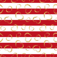 Gold heart seamless pattern. Red-white geometric stripes, golden grunge confetti-hearts. Symbol of love, Valentine day holiday. Design wallpaper, background, fabric texture. Vector illustration