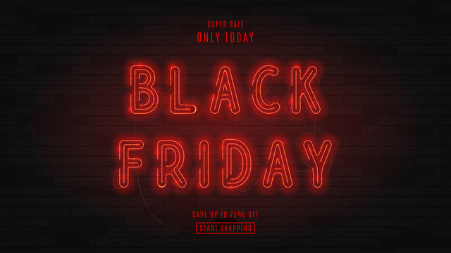 Dark web banner for black Friday sale. Modern neon red billboard on brick wall. Concept of advertising for seasonal offer with glowing neon text.