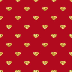 Gold heart seamless pattern. Golden geometric confetti-hearts on red background. Symbol of love, Valentine day holiday. Design wallpaper, fabric texture. Vector illustration