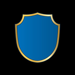 Gold-blue shield shape icon. Bright logo emblem metallic sign isolated on black background. Empty shape shield. Symbol of security, protection, defense. Shiny element design Vector illustration