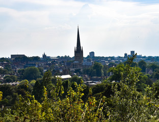 Panoramic daytime view over Norwich City and Cathedral from St James Hill, Mousehold Heath, Norwich