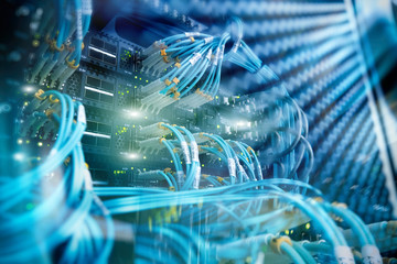Severs computer in a rack at the large data center. Rack Mounted Servers. 