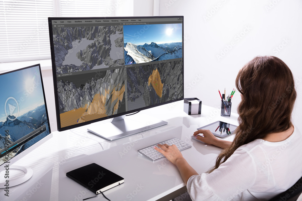 Aufkleber woman rendering 3d landscape on computer
