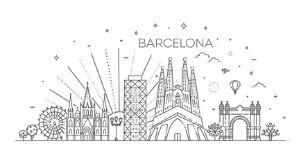 Banner of Barcelona city skyline in flat line trendy style. Barcelona city line art - obrazy, fototapety, plakaty