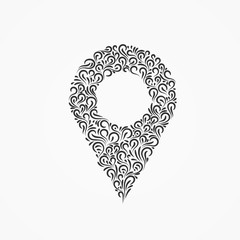 Vector emblem marker for a map of decorative ornate ornaments and curls.