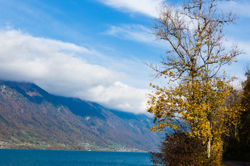 Fantastic cloudy day is in mountain lake. Beauty world.