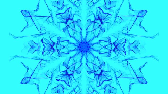 Blue fractal hexagonal ornament on light blue background. Slow calming motion, blue rays in middle of composition, 4k video