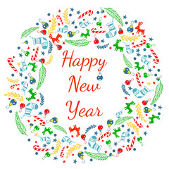 Happy new year greeting card with wreath, Vintage Background With Typography and Elements - sock, spruce, fir-tree, lollipop, striped stick, twig, deer, Christmas toy, ball, star, snowflake, circle