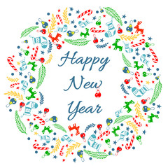 Happy new year greeting card with wreath, Vintage Background With Typography and Elements - sock, spruce, fir-tree, lollipop, striped stick, twig, deer, Christmas toy, ball, star, snowflake, circle