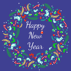 Happy new year greeting card with wreath, Vintage Background With Typography and Elements - sock, spruce, fir-tree, lollipop, striped stick, twig, deer, Christmas toy, ball, star, snowflake, circle