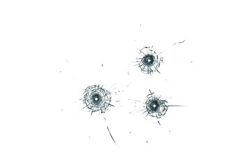 Broken glass triple bullet holes in glass isolated on white