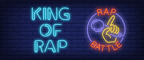 King of rap, rap battle neon style banner. Text and hand holding microphone on brick background. Night bright advertisement. Can be used for signs, posters, billboards - obrazy, fototapety, plakaty