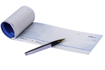 Checkbook and pen isolated on white background