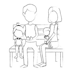 parents couple with kids in the park chair characters