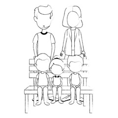 parents couple with kids in the park chair characters