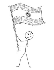 Cartoon drawing conceptual illustration of man waving flag of Argentine Republic or Argentina.