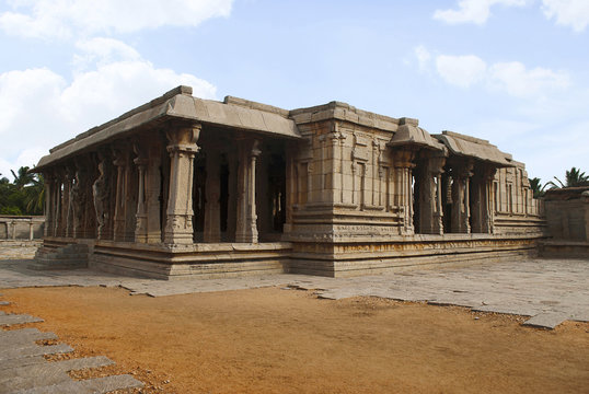 Full exterior view of Kalyana Mandapa, Divine Marriage Hall. Pattabhirama Temple, Hampi, Karnataka. View from south west.