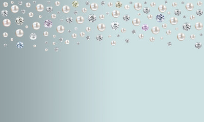 Diamonds and pearls raining from top on pale turquoise blue satin background