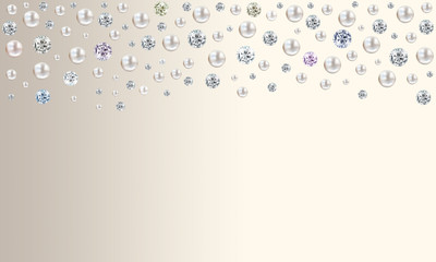Diamonds and pearls raining from top on pale creamy beige satin background