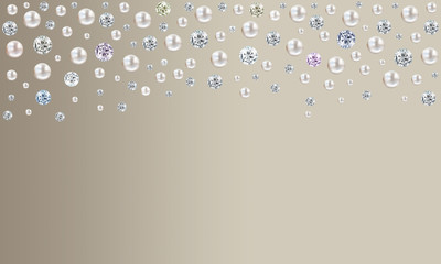 Diamonds and pearls raining from top on pale taupe brown satin background