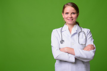 Young beautiful blonde woman doctor