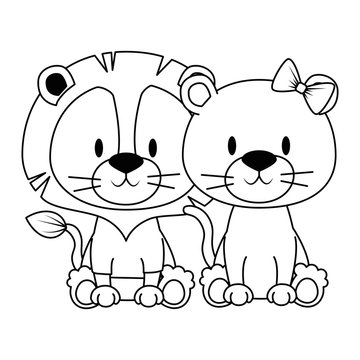 cute and adorable couple lions characters