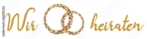 "Banner, Karte -Wir heiraten- in Gold mit zwei Ringen" Stockfotos und