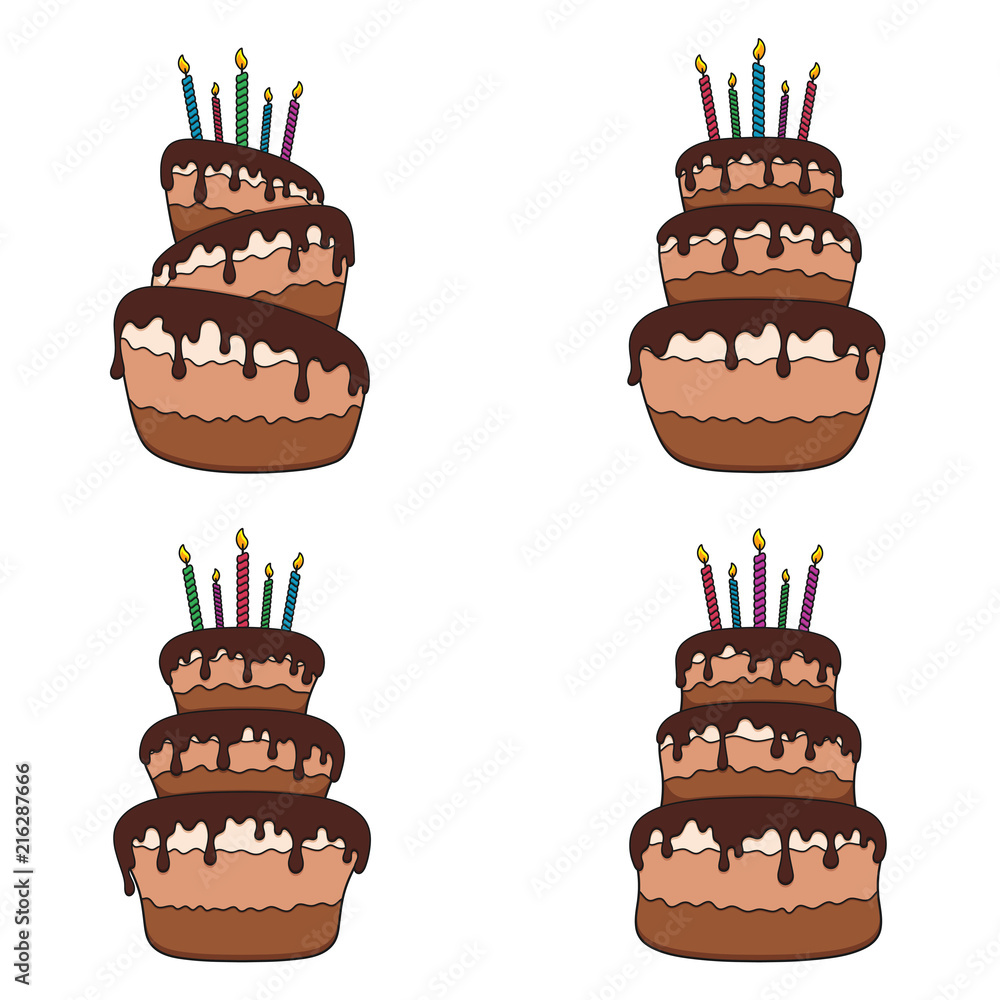 Poster set of color illustrations with a chocolate cake. isolated vector objects on white background.