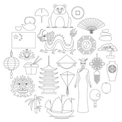 Set of icons in an online style on the theme of traveling to China. Vector traditional symbols of the country.