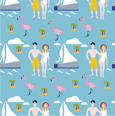 Summer holidays tropical vector design for banner or flyer with palm leaves, flowers, flamingos, seagull, sea star and ship.