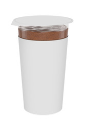 3D realistic render of Chocolate foam, foamy cream, in transparent plastic container. Empty label. Isolated on white