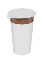 3D realistic render of Chocolate foam, foamy cream, in transparent plastic container. Empty label. Isolated on white